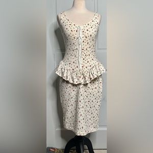 Vintage Betsey Johnson punk face pink rosettes white peplum lace up midi size M
